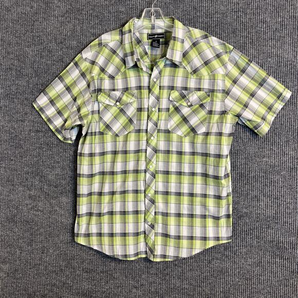 Casual Country Other - Sporty Plaid Short-Sleeve Dress Shirt - Lime/Gray